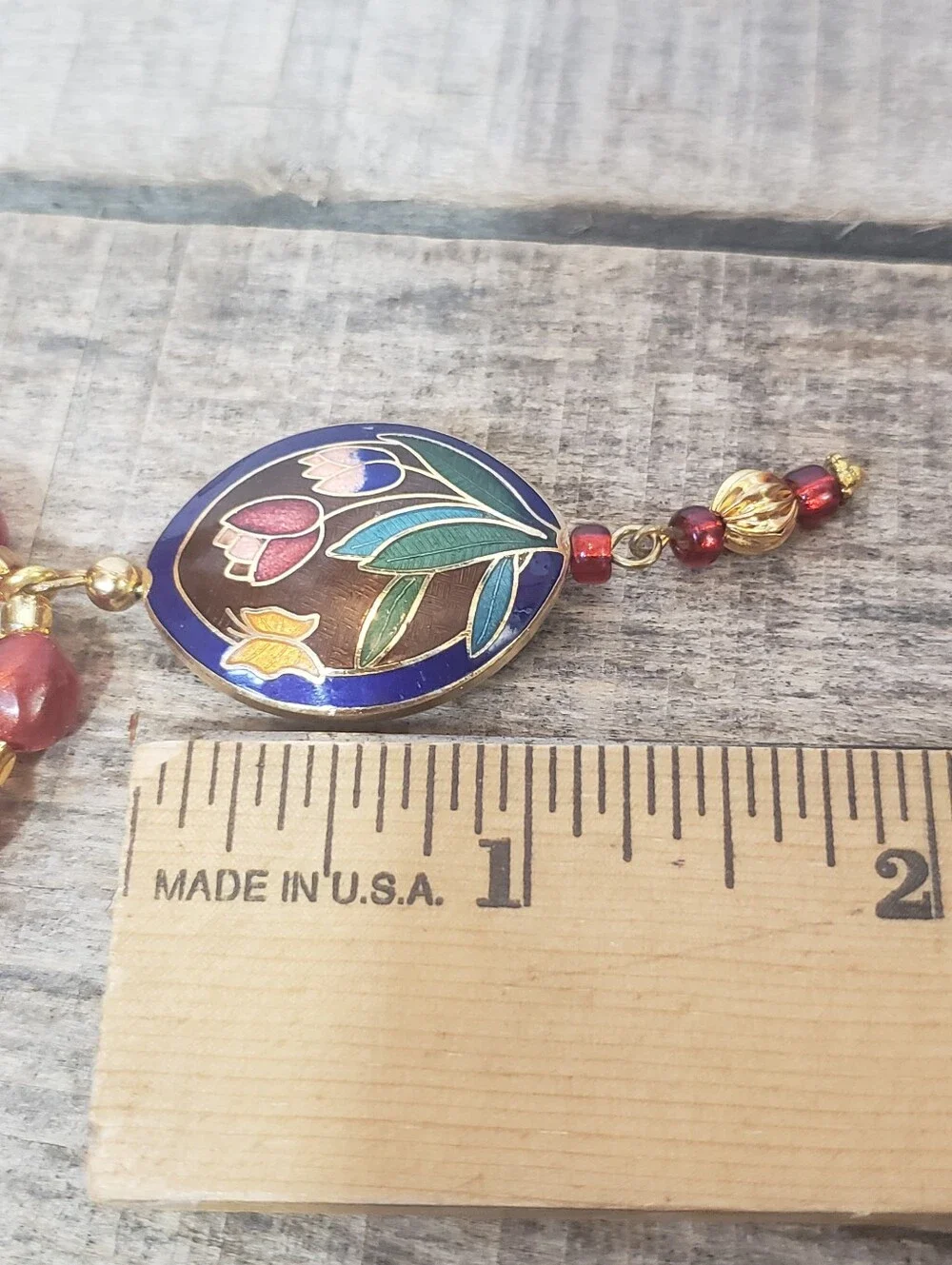 CLOISONNE PENDANT On BEADED NECKLACE Tulips & Butterfly
